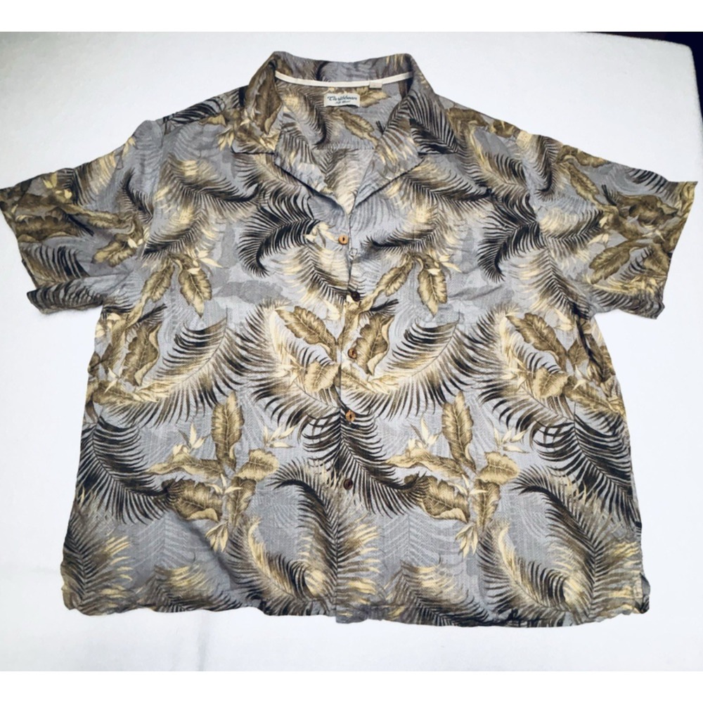 3XB Caribbean Shirt Green Fronds Gray Short Sleeve Silk Blend Camp Hawaiian